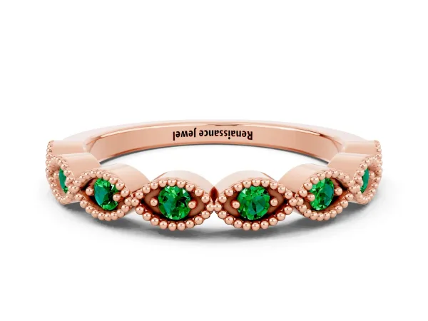 Milgrain Marquise Emerald Half Eternity Band with Bezel Setting Rose gold