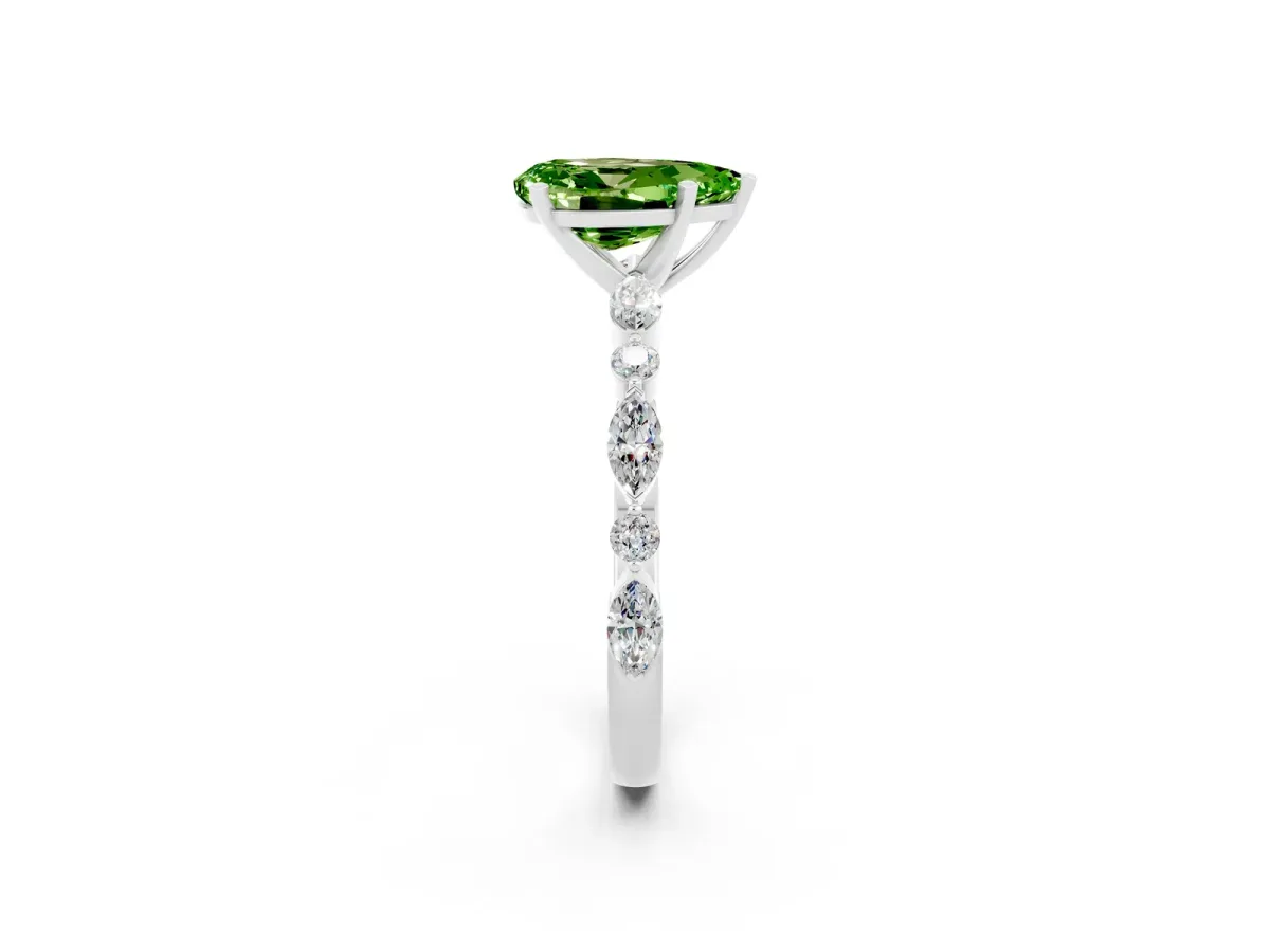 Pear Cut Peridot Ring with Marquise and Round Side Stones and Four-Prong Setting Silver