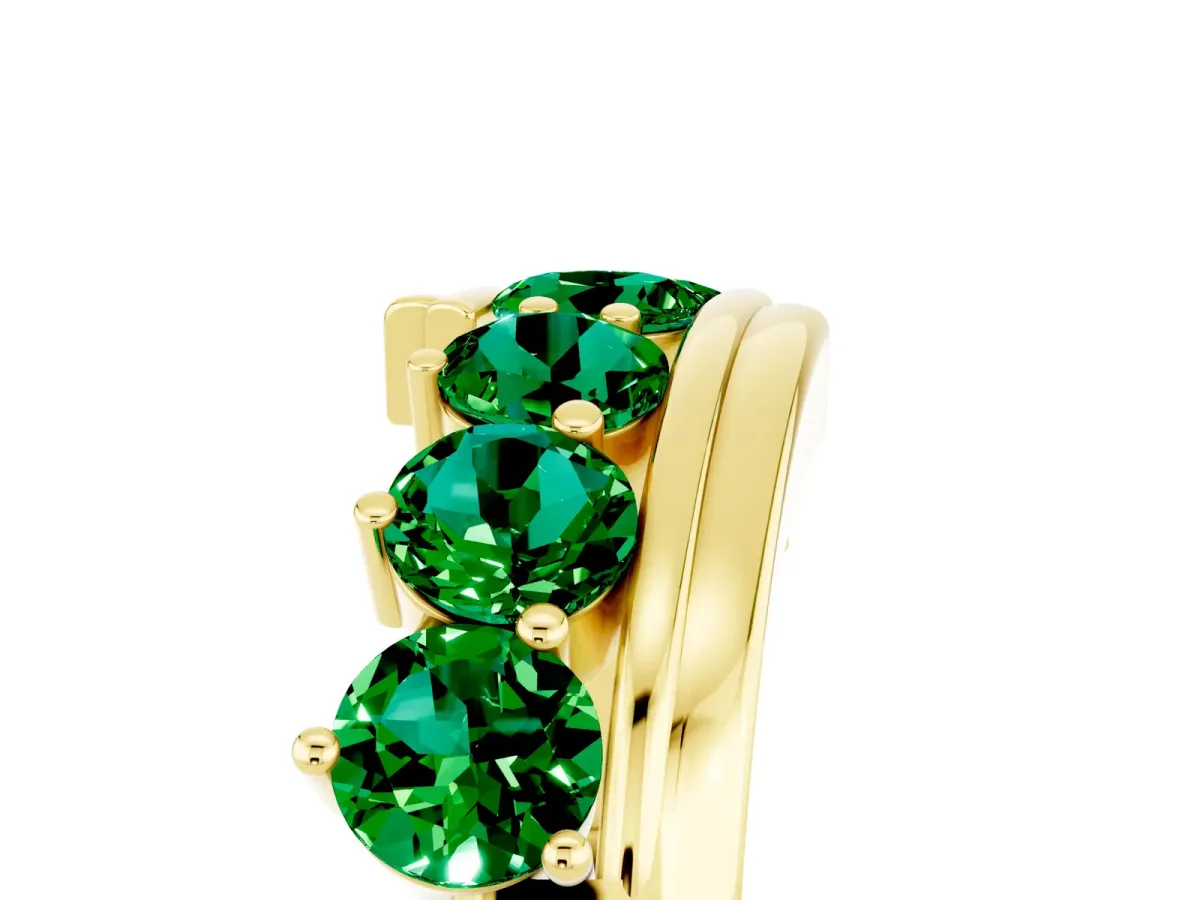 Round Emerald Wave Band with Channel and Shared Prong Setting Yellow gold