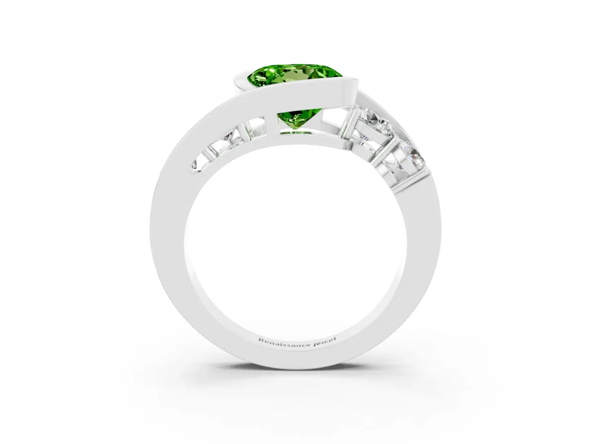Bezel Set Round Cut Peridot Bypass Ring with Round Accents Platinum