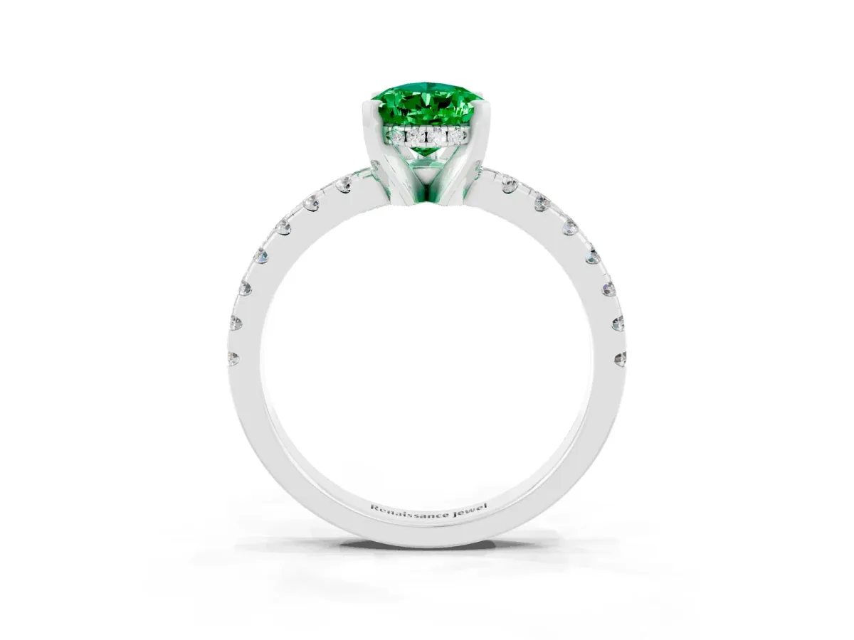 Pear Cut Emerald Solitaire Ring with Round Pavé Band and Four-Prong Setting Silver