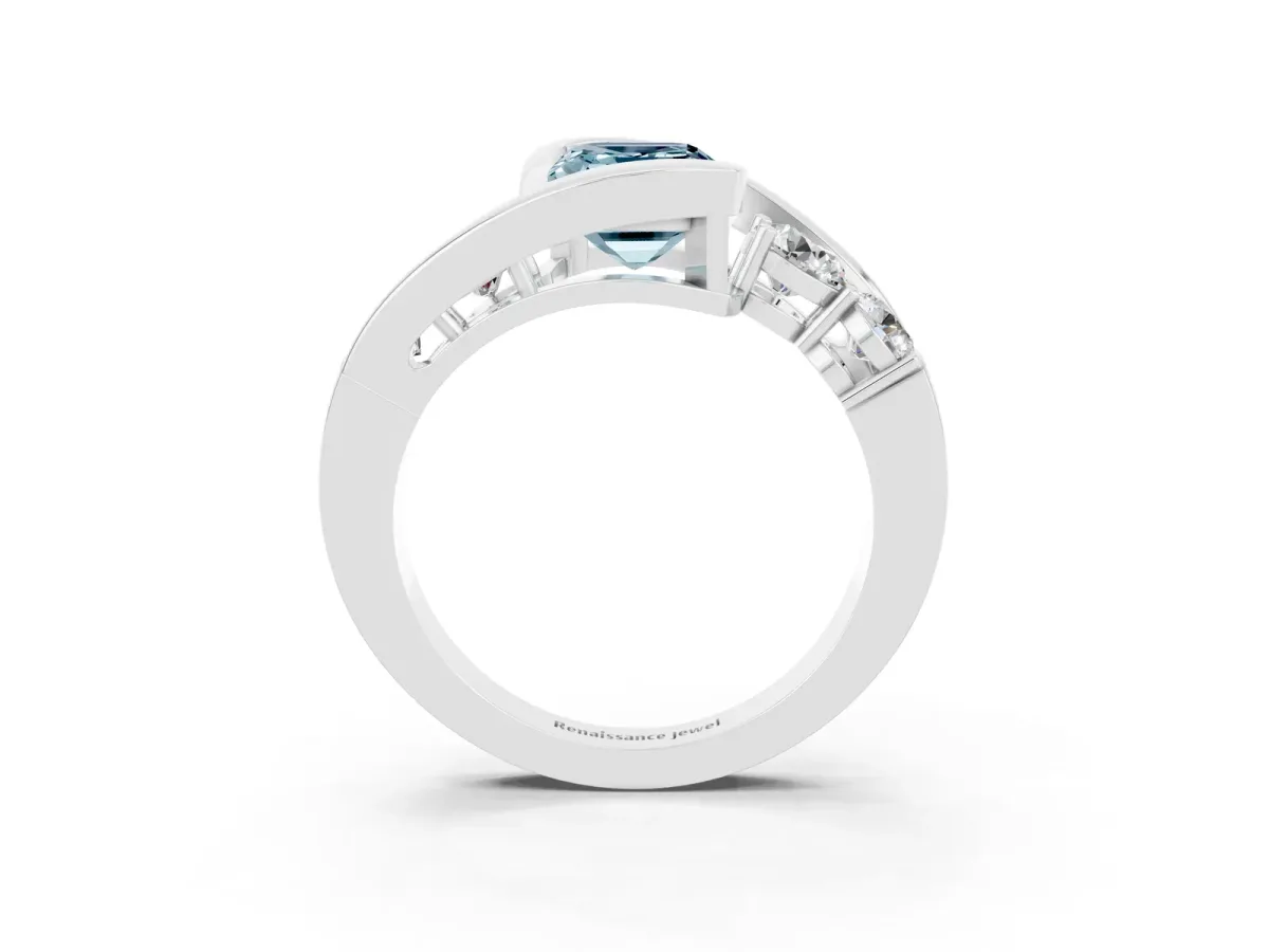Bezel Set Emerald Cut Aquamarine Bypass Ring with Round Accents Platinum