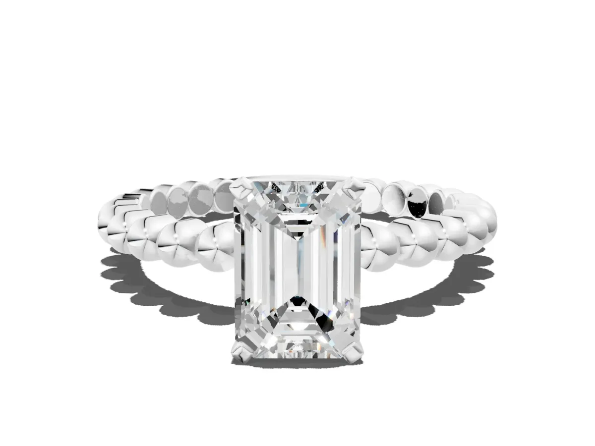 Emerald Cut Diamond Solitaire Ring with Beaded Band and Prong Setting Silver