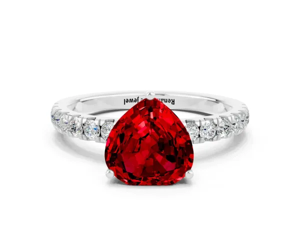 Heart Cut Ruby Pave Band Solitaire Ring with Round and Prong Setting Platinum
