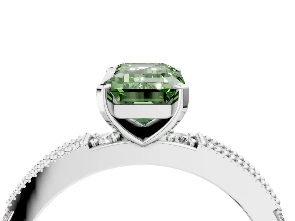 Fancy Green Emerald Cut Solitaire with Pavé Band and Four-Prong Setting Silver