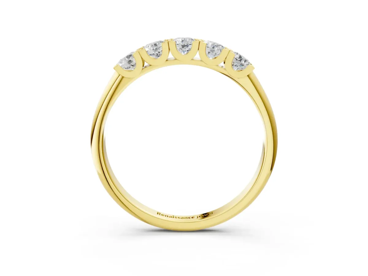 Round Diamond Channel Set Half Eternity Band with Shared Prong Setting Yellow gold