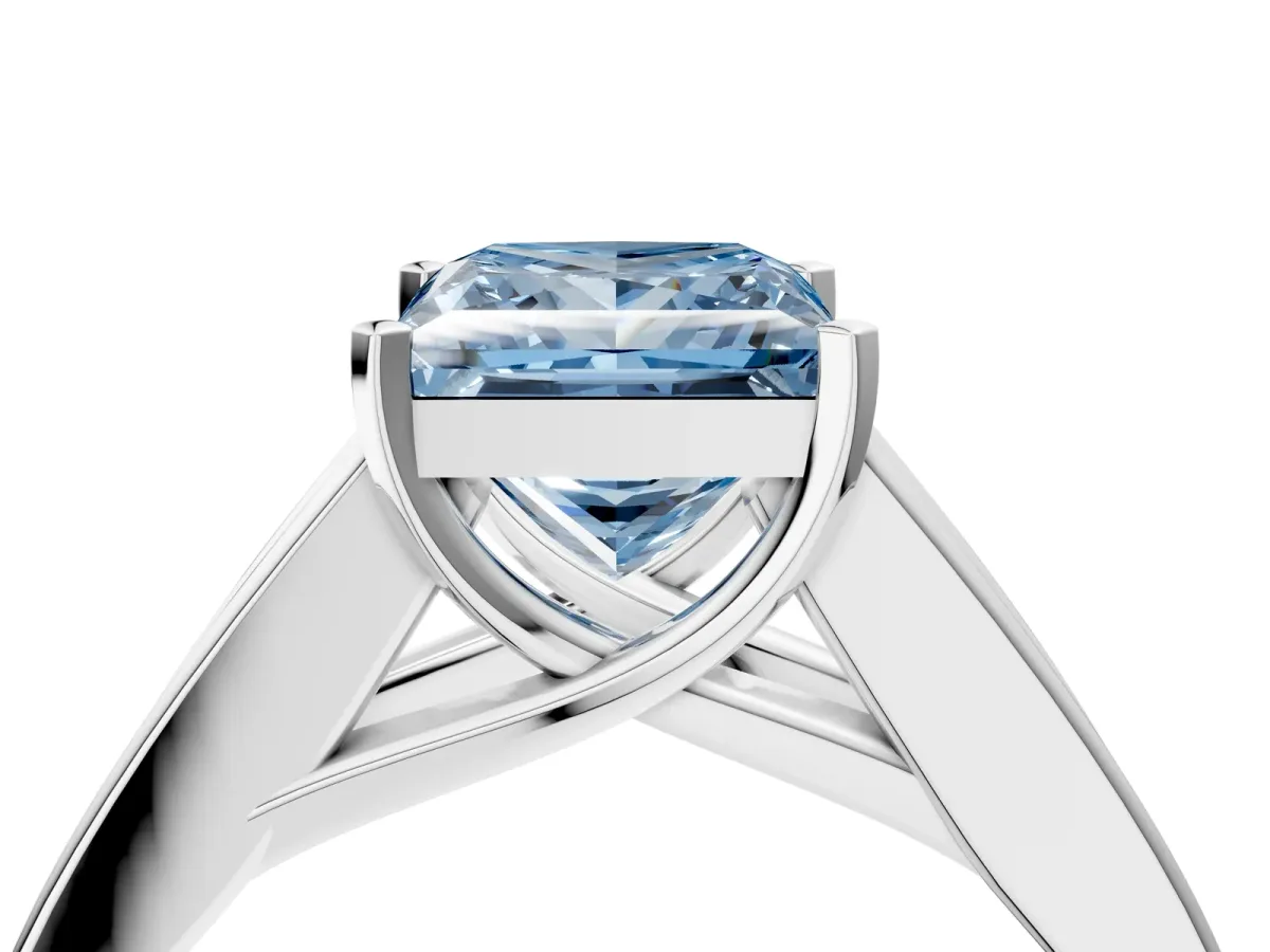 Fancy Blue Princess Cut Cut Channel Set Solitaire Ring with Four-Prong Setting Platinum
