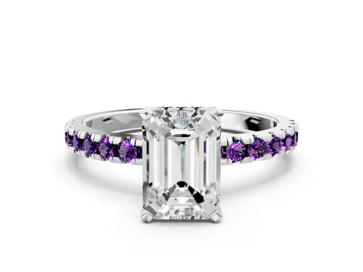 Emerald Cut Diamond Solitaire Ring with Round Amethyst Pavé Band and Four-Prong Setting Silver