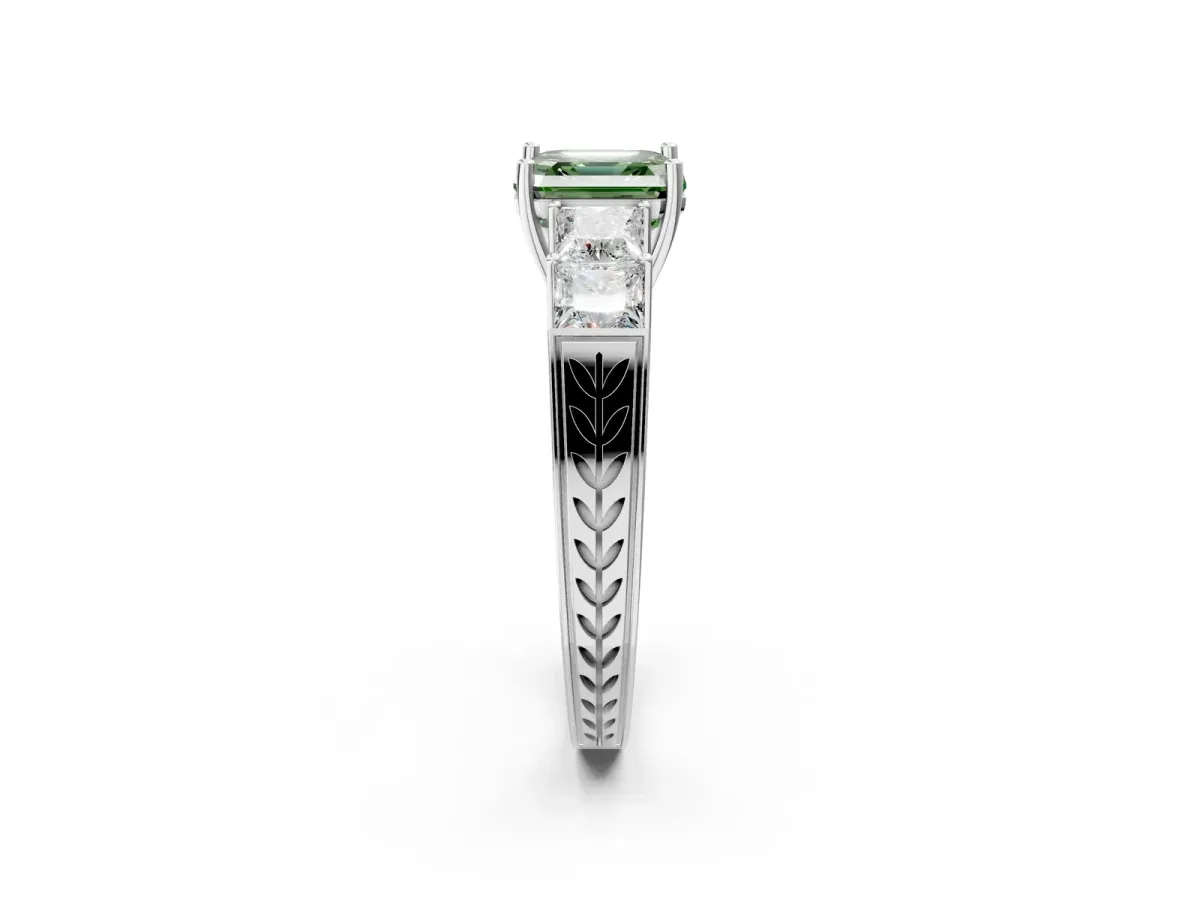 Fancy Green Asscher Cut Solitaire Princess Side Stone Engraved Band Prong Setting Ring Platinum