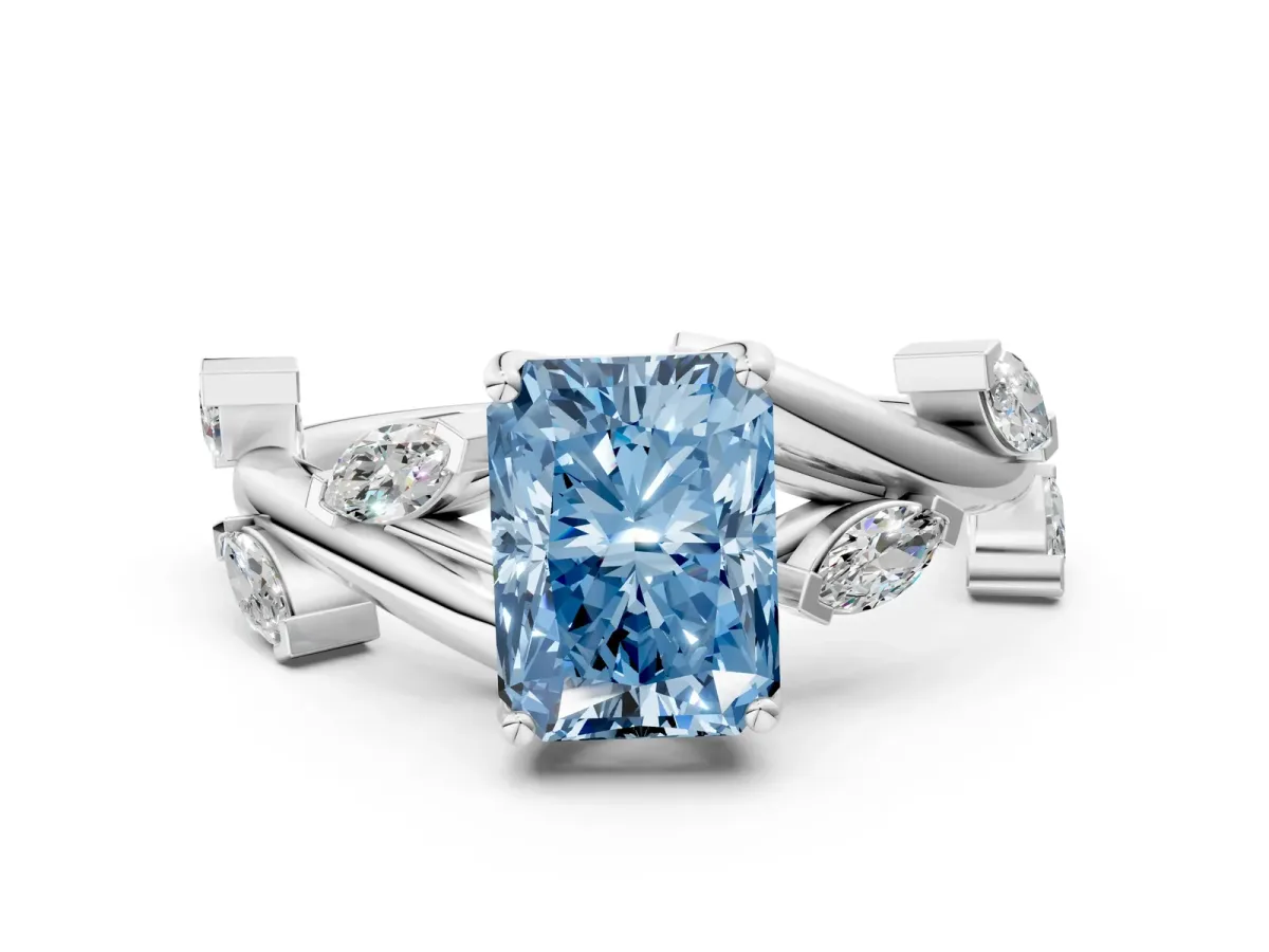 Fancy Blue Radiant Cut Solitaire Twisted Band Marquise Accent Prong Setting Ring Platinum