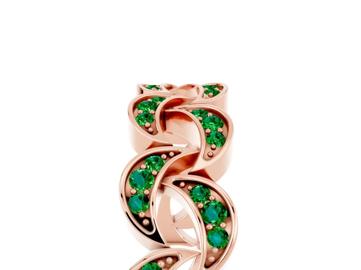 Pavé Round Emerald Interlocking Eternity Band with Bezel Prong Setting Rose gold
