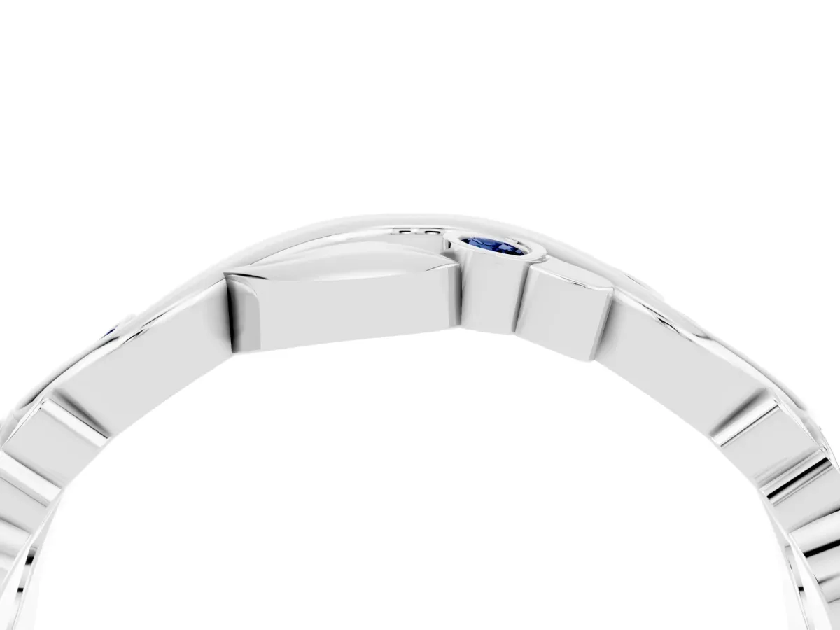 Round Blue Sapphire Leaf Eternity Band with Bezel Setting White gold