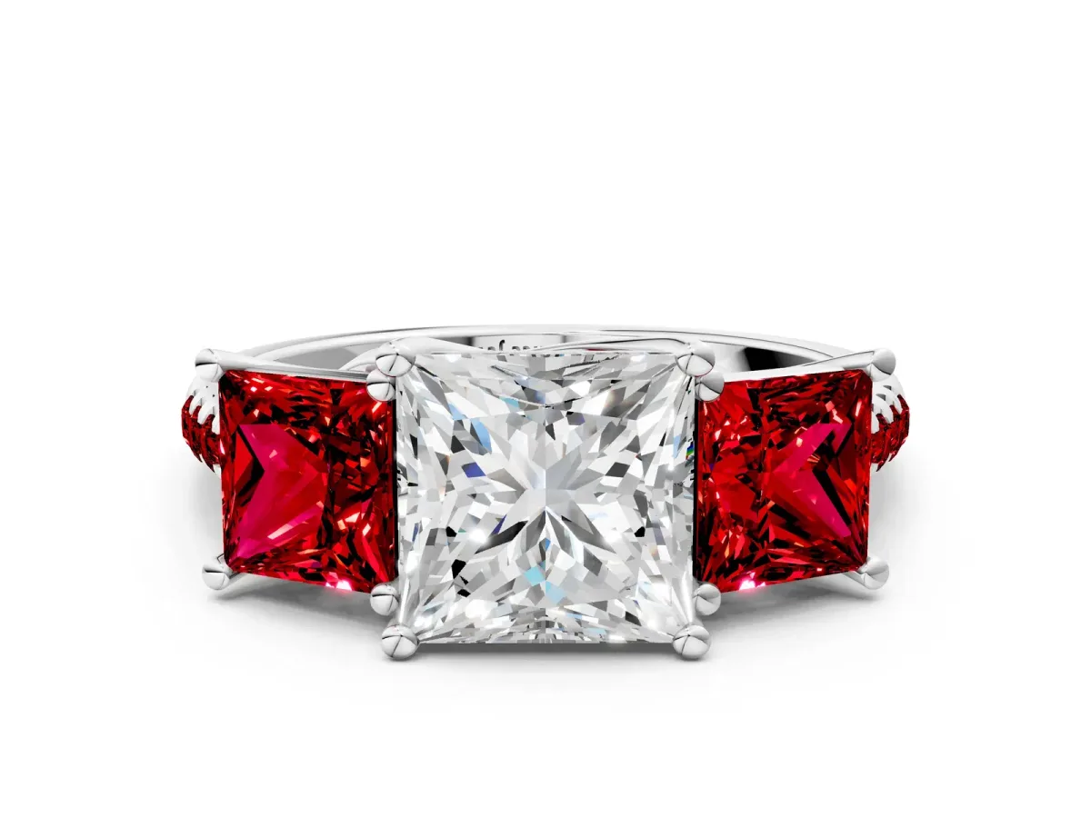 Three-Stone Princess Cut Diamond Ring with Round Ruby Pavé Band and Prong Setting Platinum