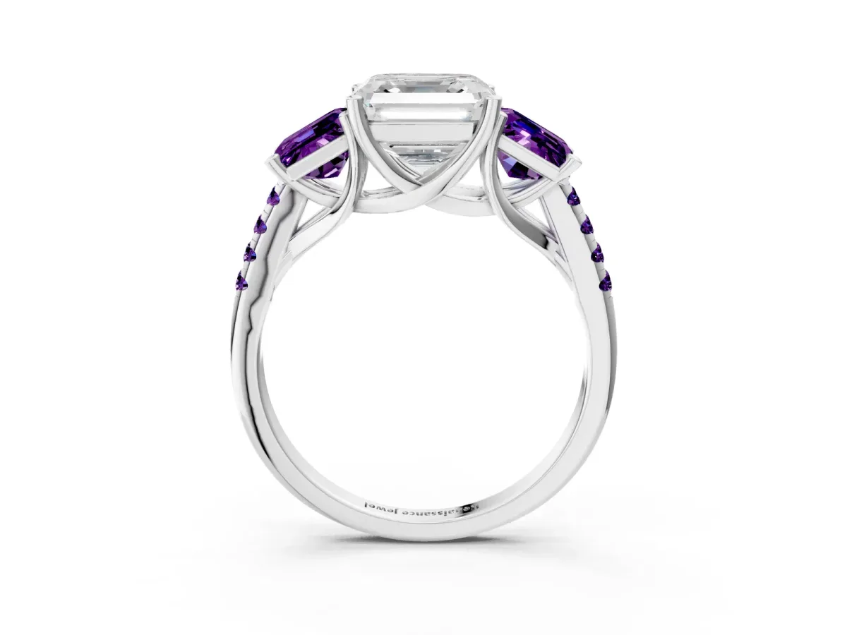 Three-Stone Asscher Cut Diamond Ring with Round Amethyst Pavé Band and Prong Setting Silver