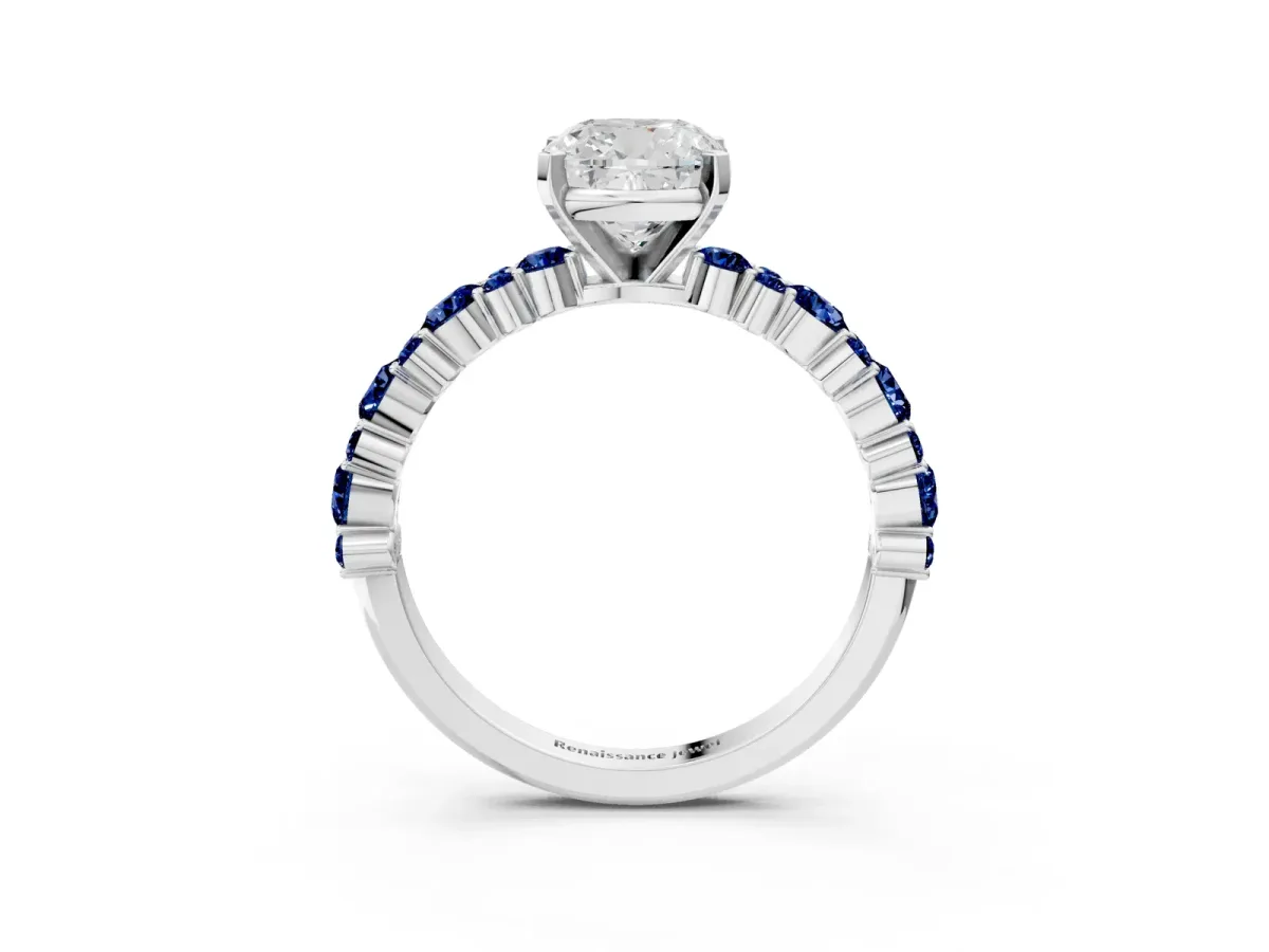 Cushion Cut Diamond Side Stone Solitaire Ring with Round Blue Sapphire and Four-Prong Setting Silver