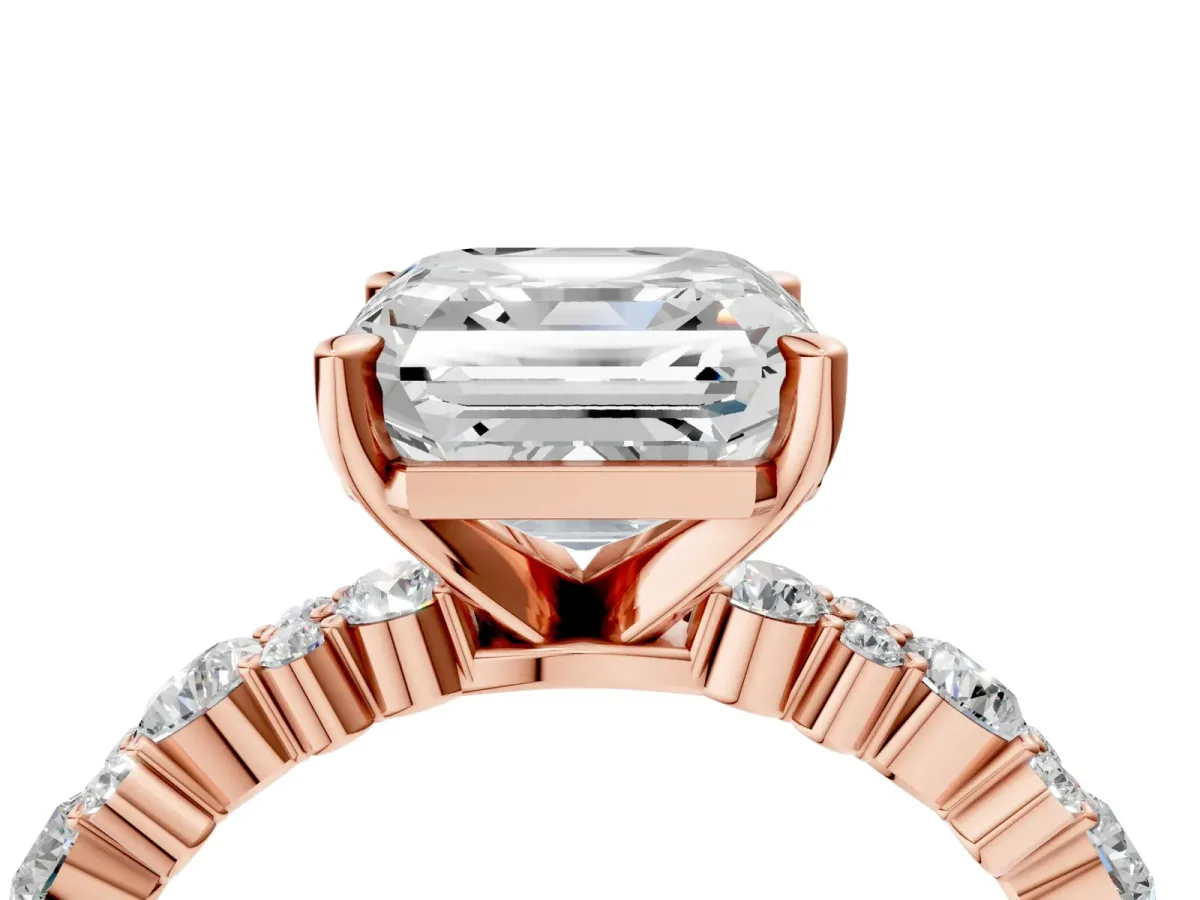 Asscher Cut Diamond Side Stone Solitaire Ring with Round and Four-Prong Setting Rose gold