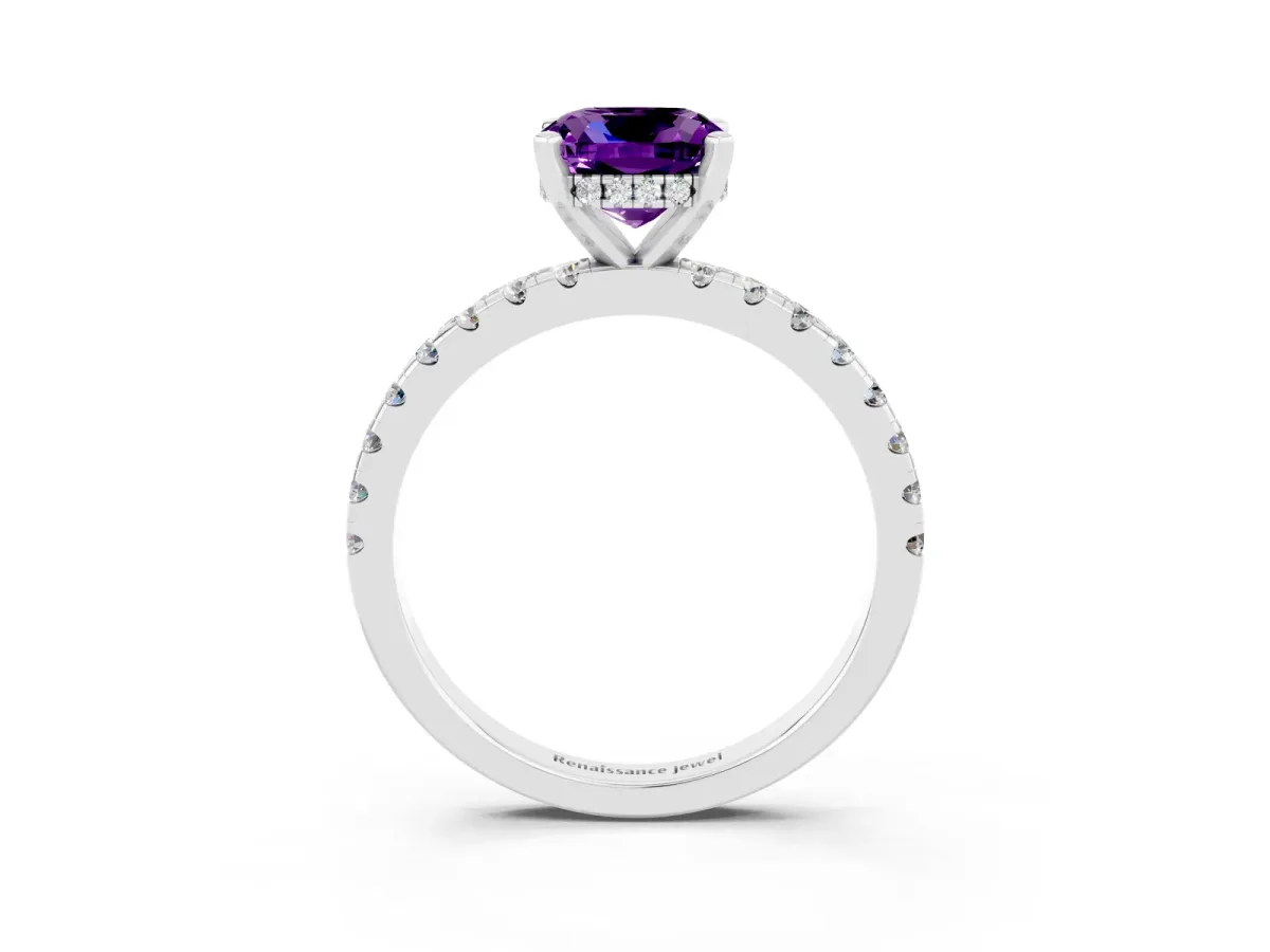 Cushion Cut Amethyst Solitaire Ring with Round Pavé Band and Four-Prong Setting Silver