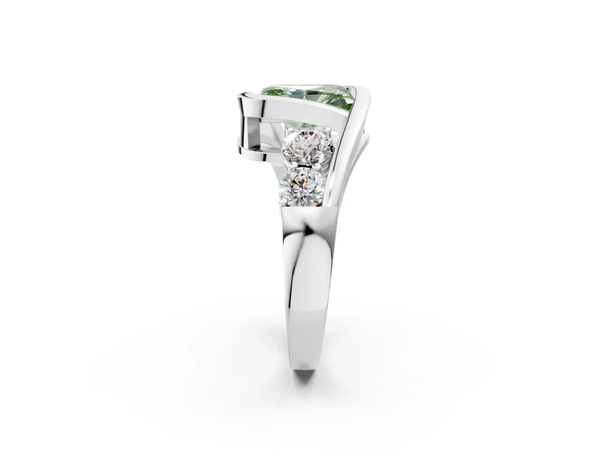 Fancy Green Bezel Set Radiant Cut Diamond Bypass Ring with Round Accents Platinum