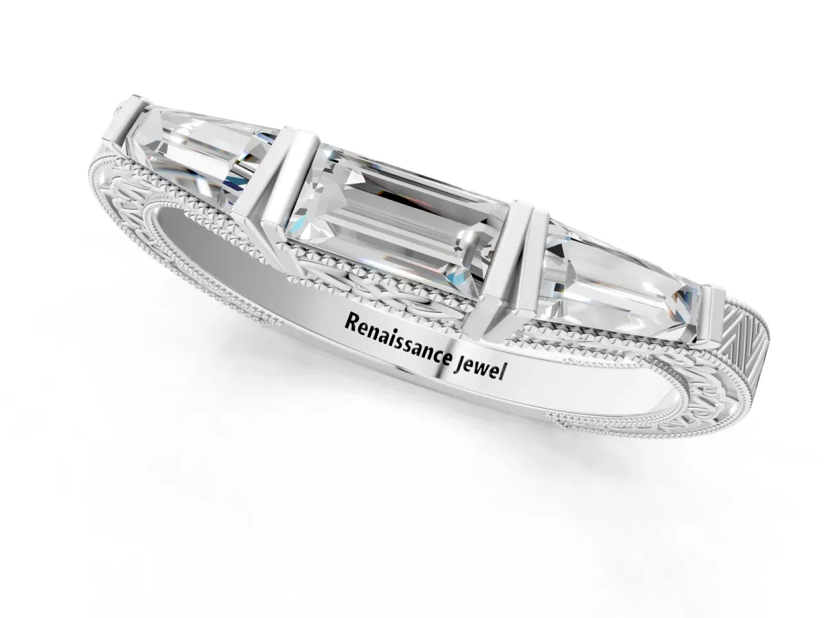 Baguette Cut Channel Set Milgrain Band with V-Prong Setting Platinum