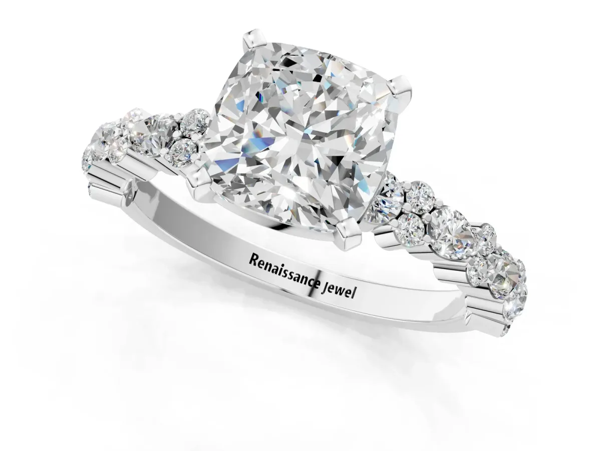 Cushion Cut Diamond Side Stone Solitaire Ring with Round and Four-Prong Setting White gold
