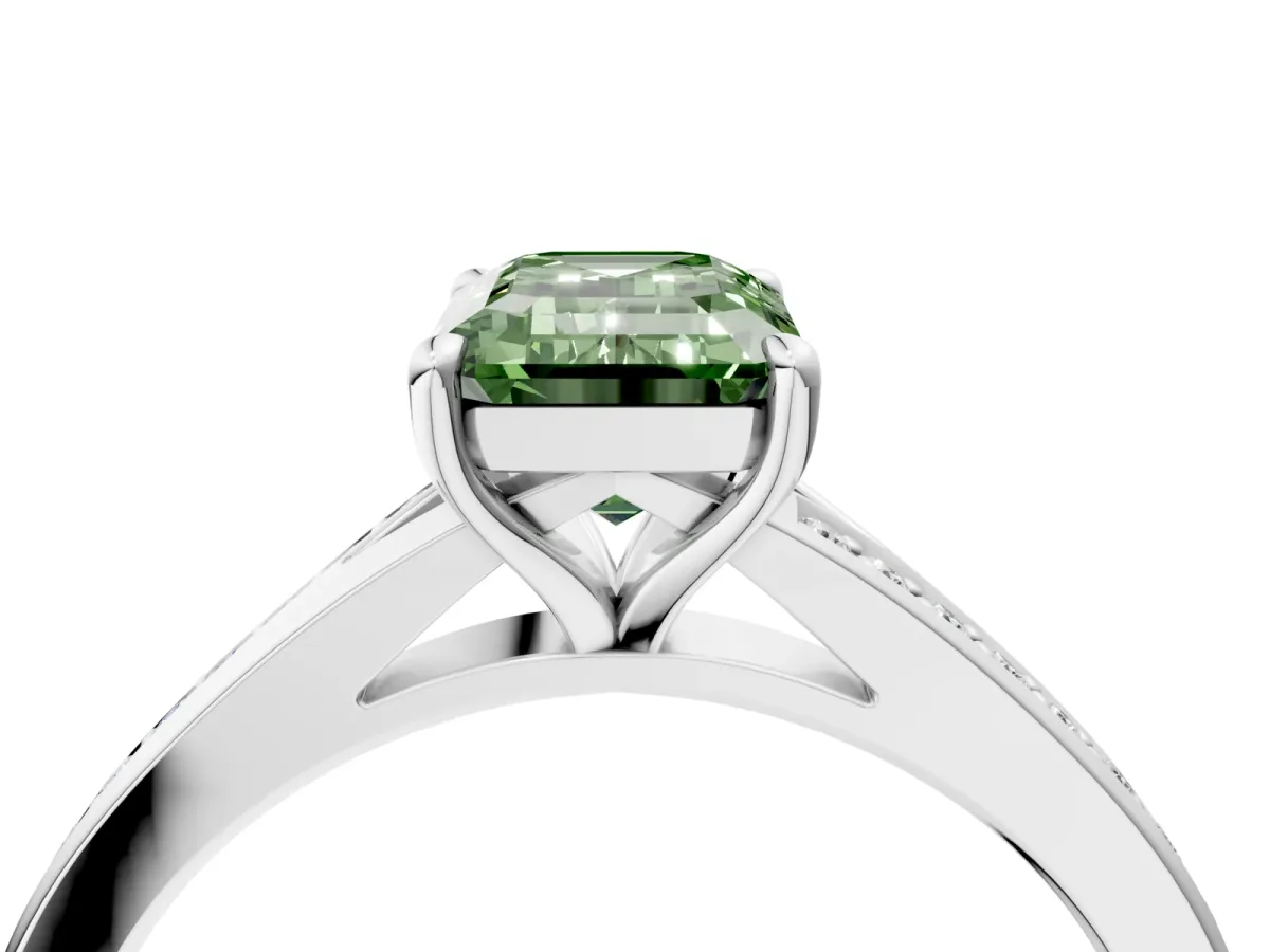 Fancy Green Emerald Cut Diamond Solitaire Ring with Pavé Band and Prong Setting Silver