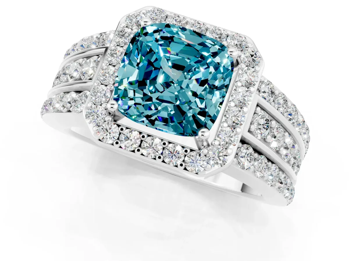 Cushion Cut Halo Blue Topaz Ring with Round Split Shank and Prong Setting Platinum