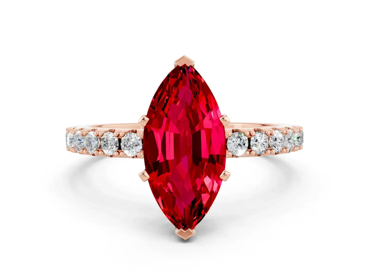 Marquise Cut Ruby Solitaire Pavé Band with Four-Prong Setting Rose gold