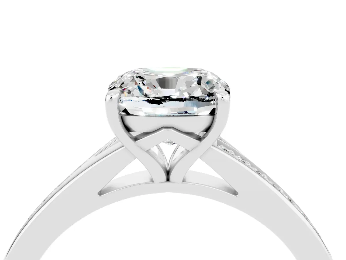 Cushion Cut Moissanite Solitaire Ring with Pavé Band and Prong Setting Silver
