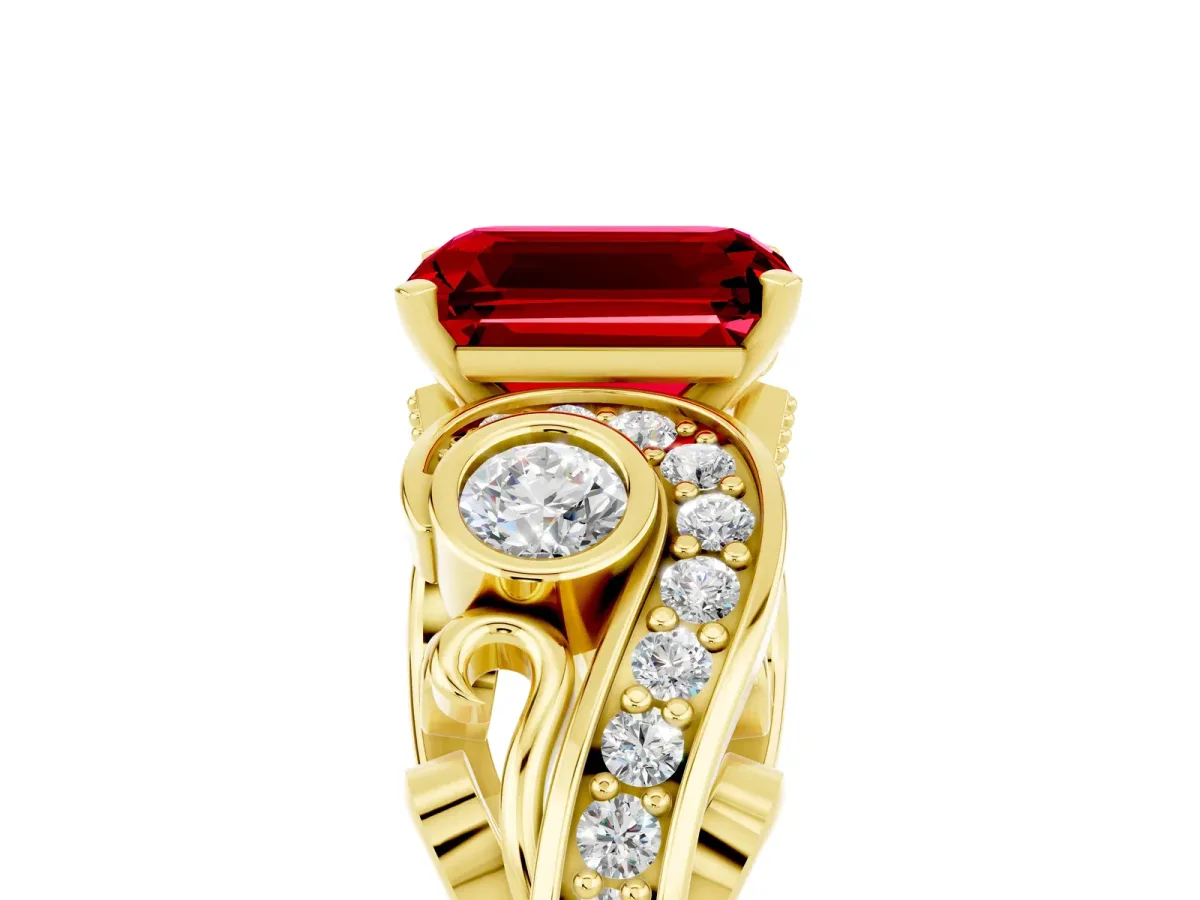 Emerald Cut Ruby Solitaire Ring with Milgrain Pavé Band and Four-Prong Setting Yellow gold