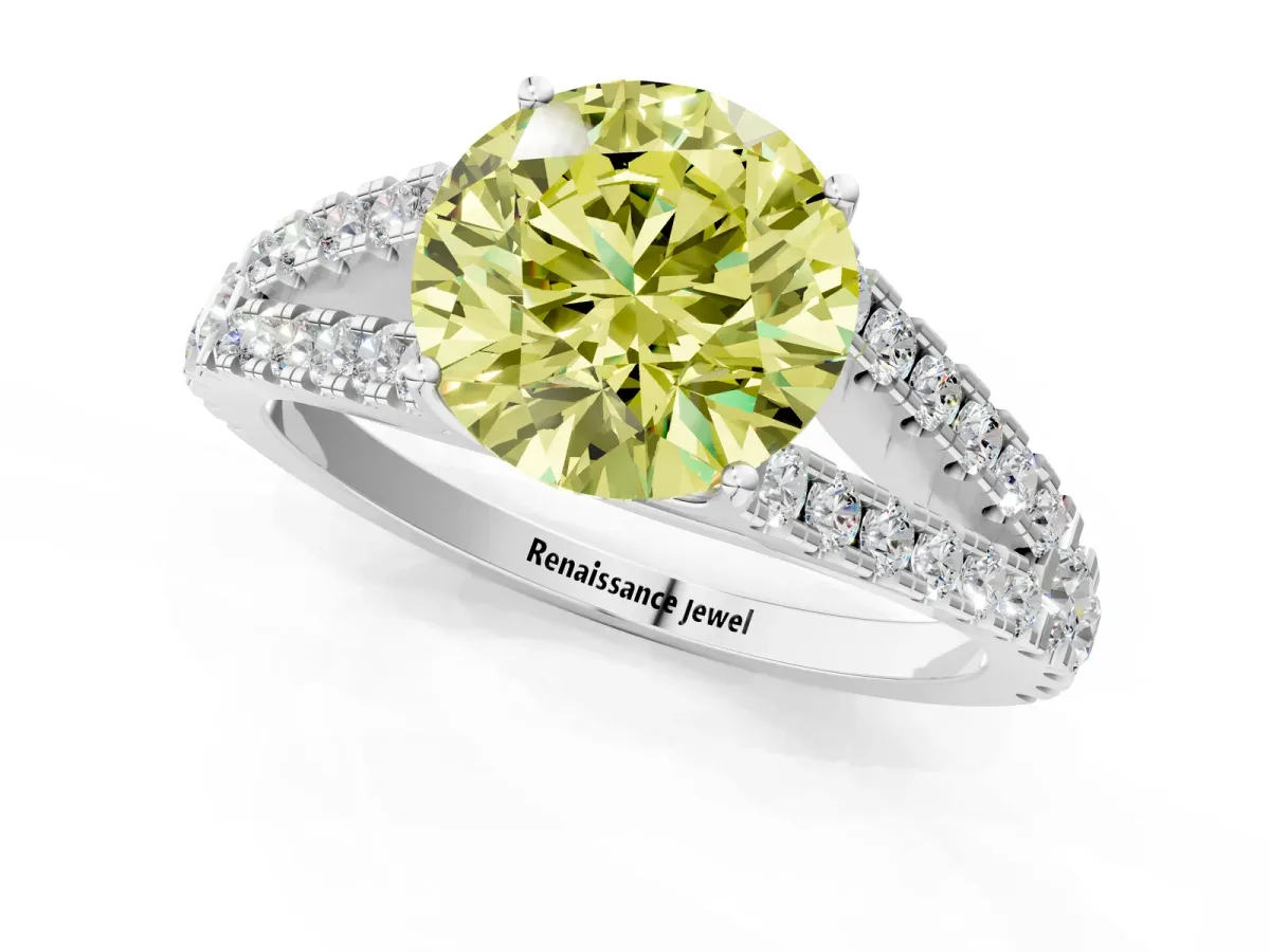 Fancy Yellow Round Cut Diamond Split Shank Engagement Ring with Round Pavé and Prong Setting Platinum