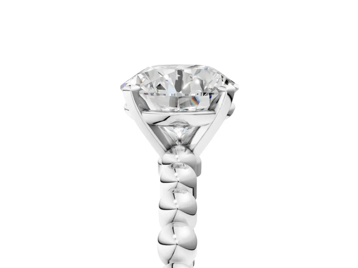 Round Cut Diamond Solitaire Ring with Beaded Band and Prong Setting Silver