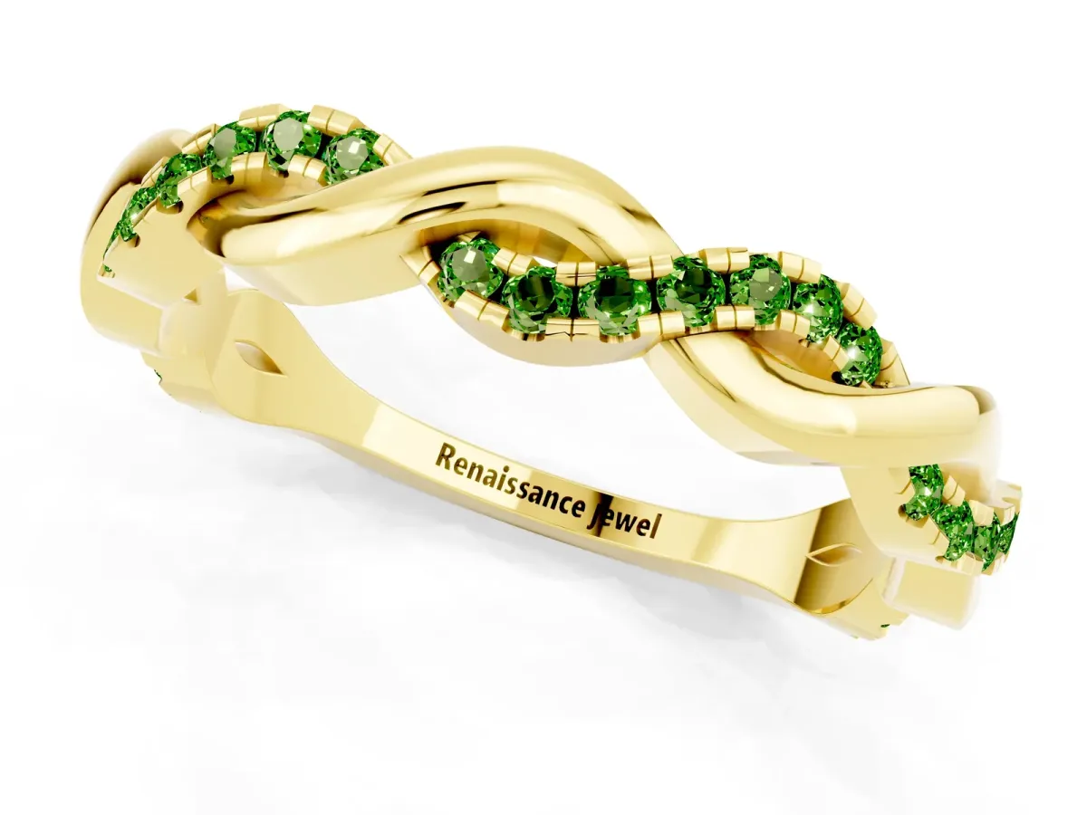 Round Peridot Twist Eternity Band with Pavé Setting Yellow gold