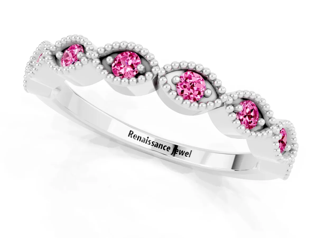 Milgrain Marquise Pink Sapphire Half Eternity Band with Bezel Setting Platinum