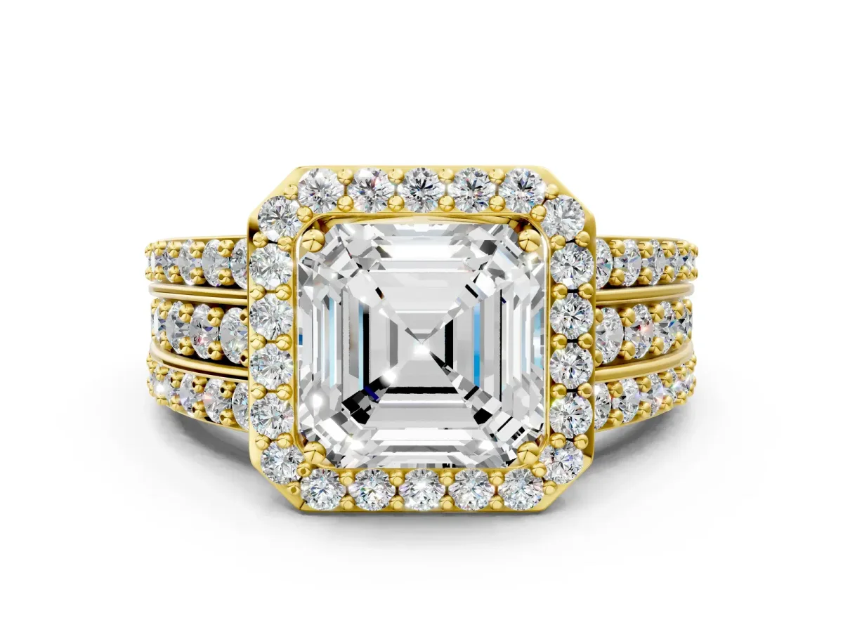 Asscher Cut Halo Diamond Ring with Round Split Shank and Prong Setting Yellow gold