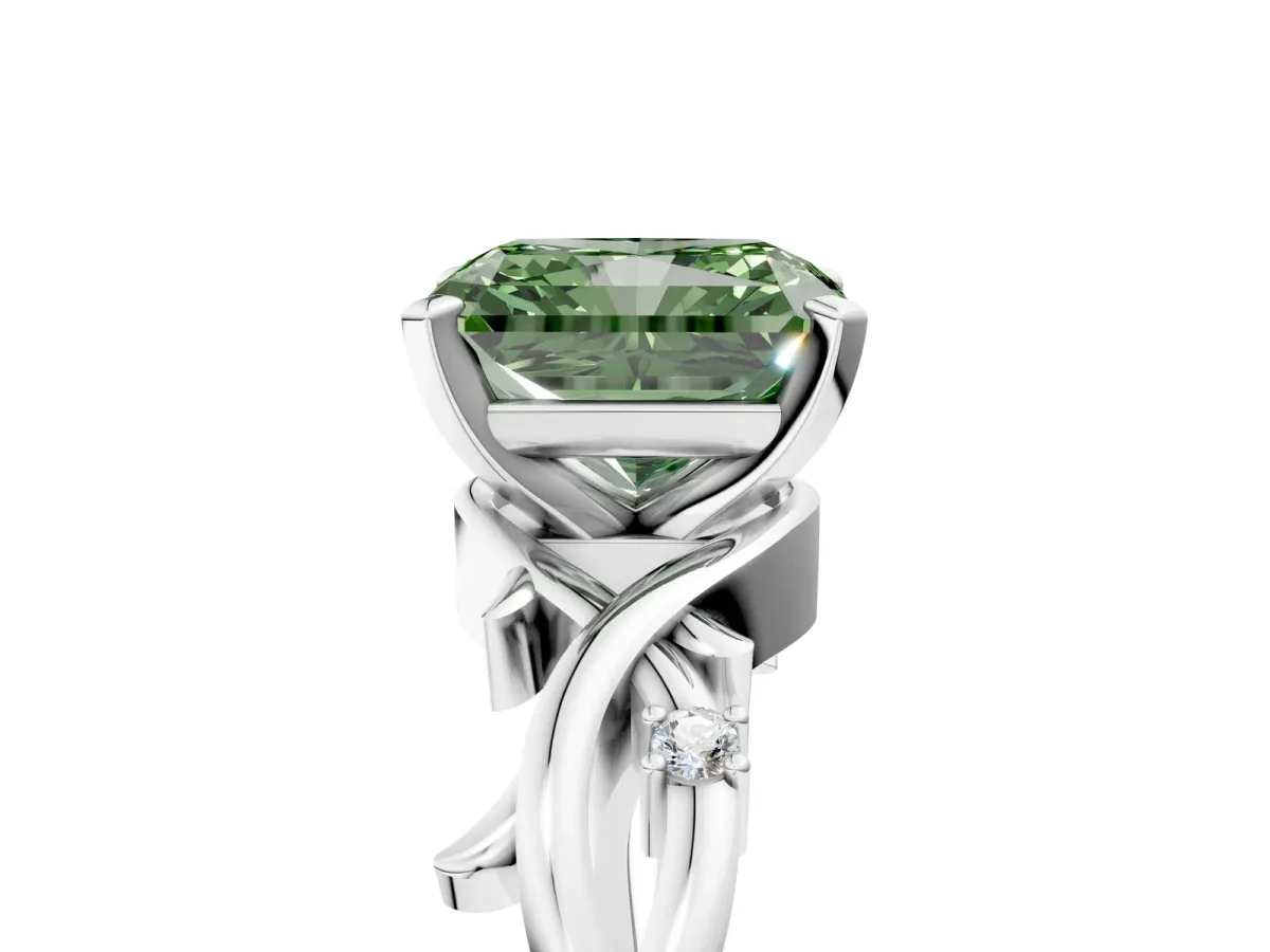 Fancy Green Radiant Cut Diamond Solitaire Ring with Twisted Band and Prong Setting Silver