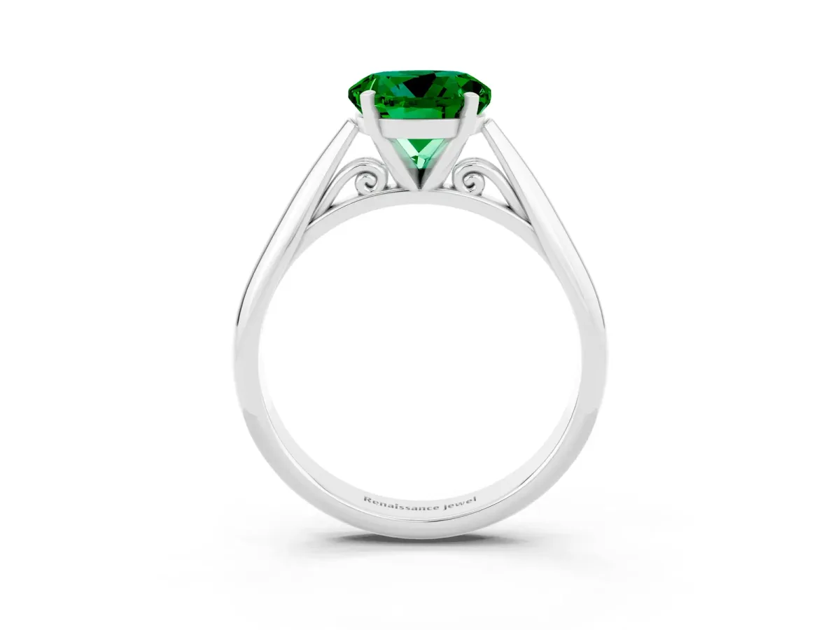 Round Cut Emerald Solitaire Engagement Ring with Cathedral Setting and Four-Prong Mount White gold