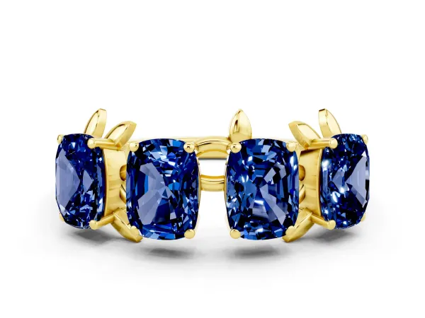 Four-Stone Elongated Cushion Blue Sapphire Band with Nature-Inspired Prong Setting Yellow gold
