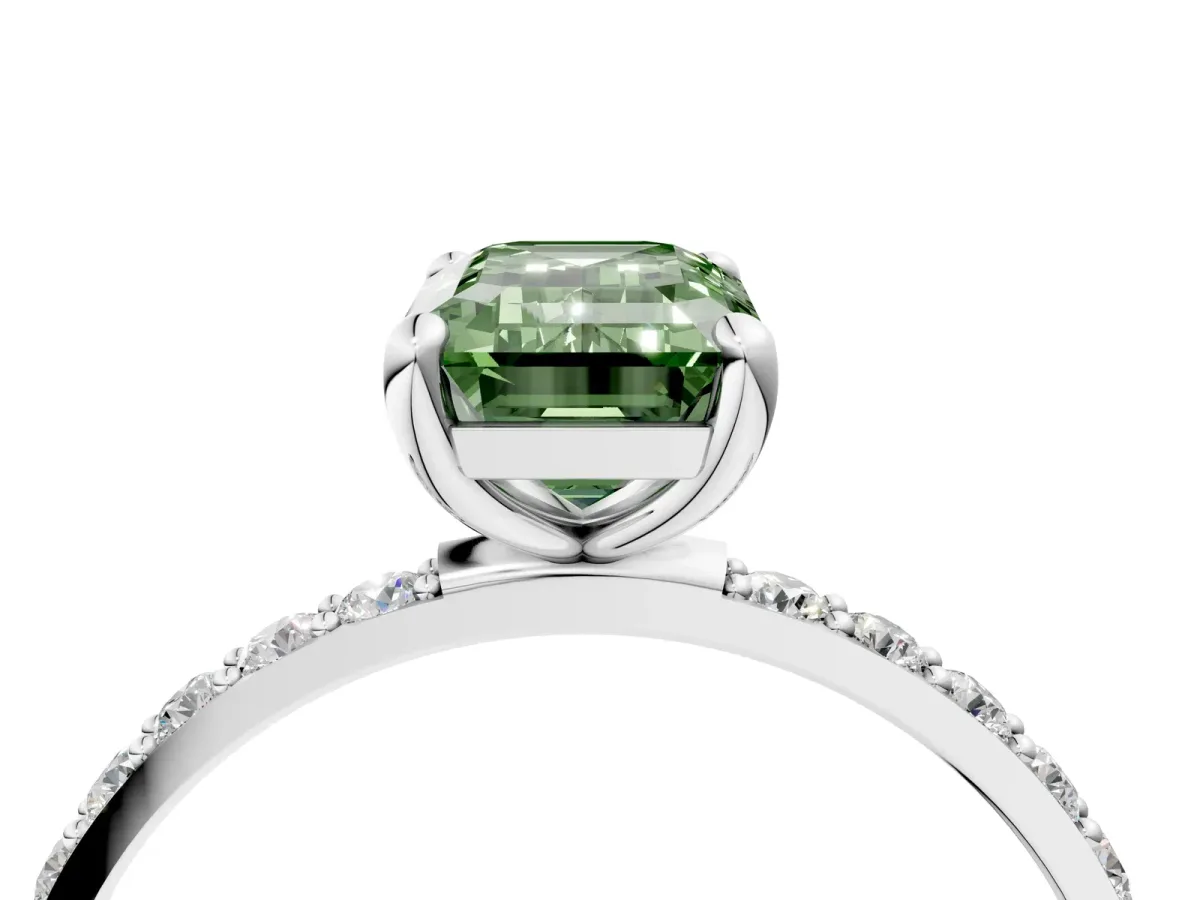 Fancy Green Emerald Cut Diamond Solitaire Ring with Round Pavé Band and Prong Setting Silver