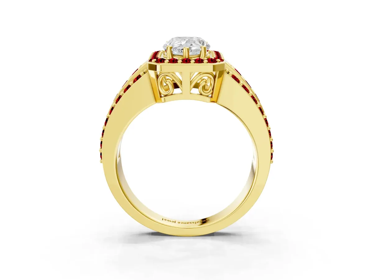 Pear Cut Halo Diamond Ring with Round Ruby Split Shank and Prong Setting Yellow gold