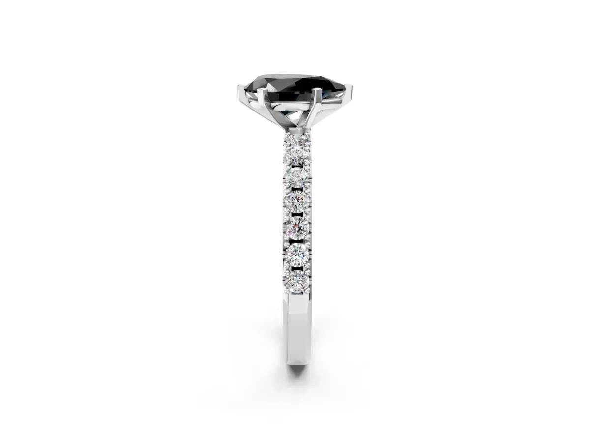 Fancy Black Pear Cut Diamond Solitaire Pavé Band with Four-Prong Setting Silver