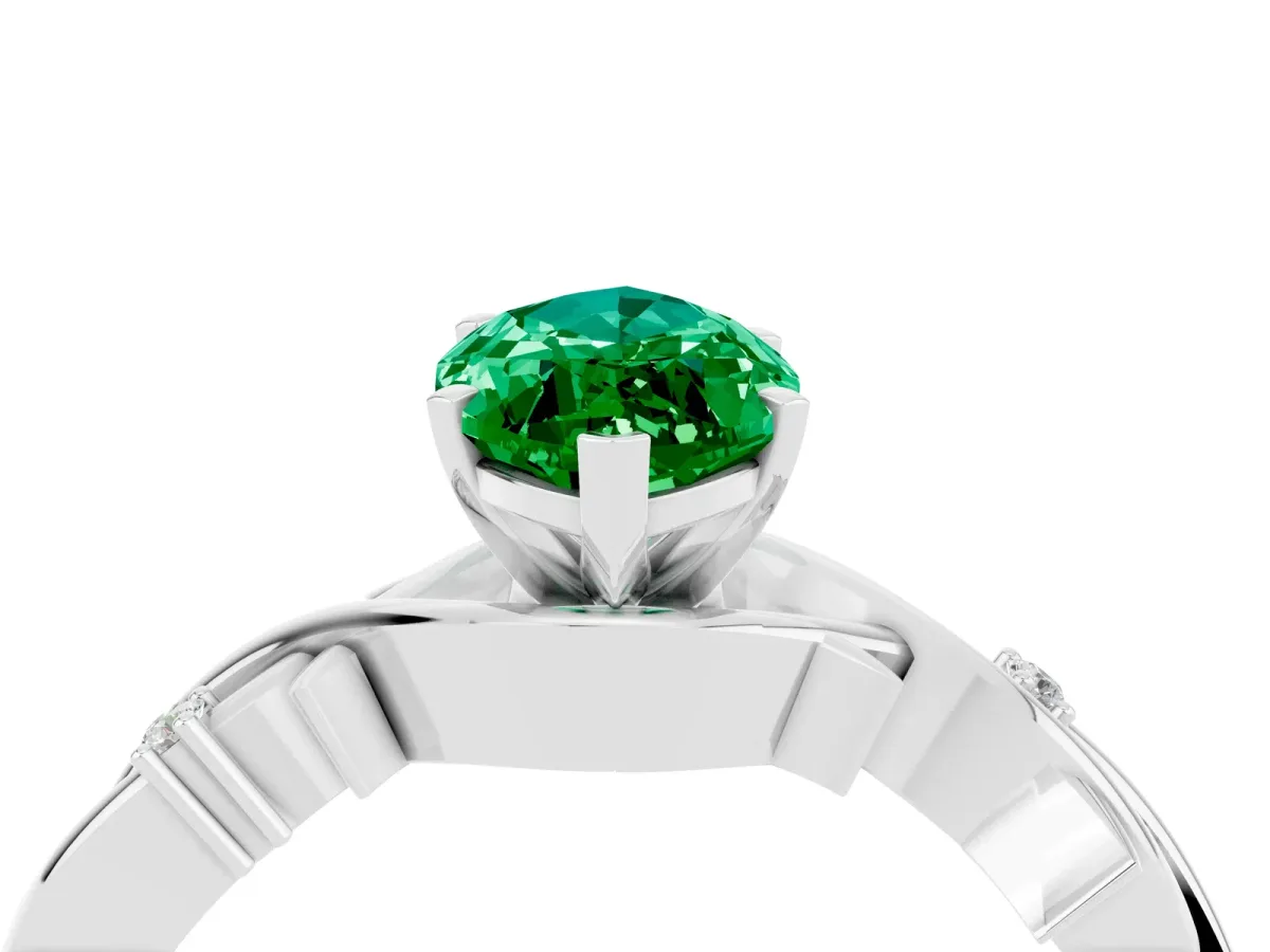Marquise Cut Emerald Solitaire Ring with Milgrain Pavé Band and Four-Prong Setting Silver