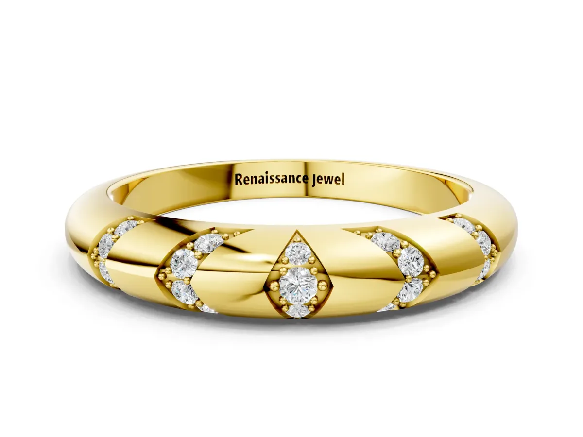 Round Diamond Channel Set Curved Band with Bezel Setting Yellow gold