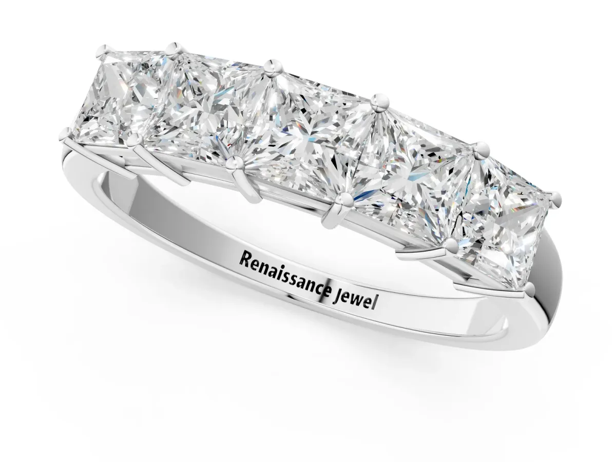 Princess Cut Five-Stone Diamond Band with Prong Setting Silver