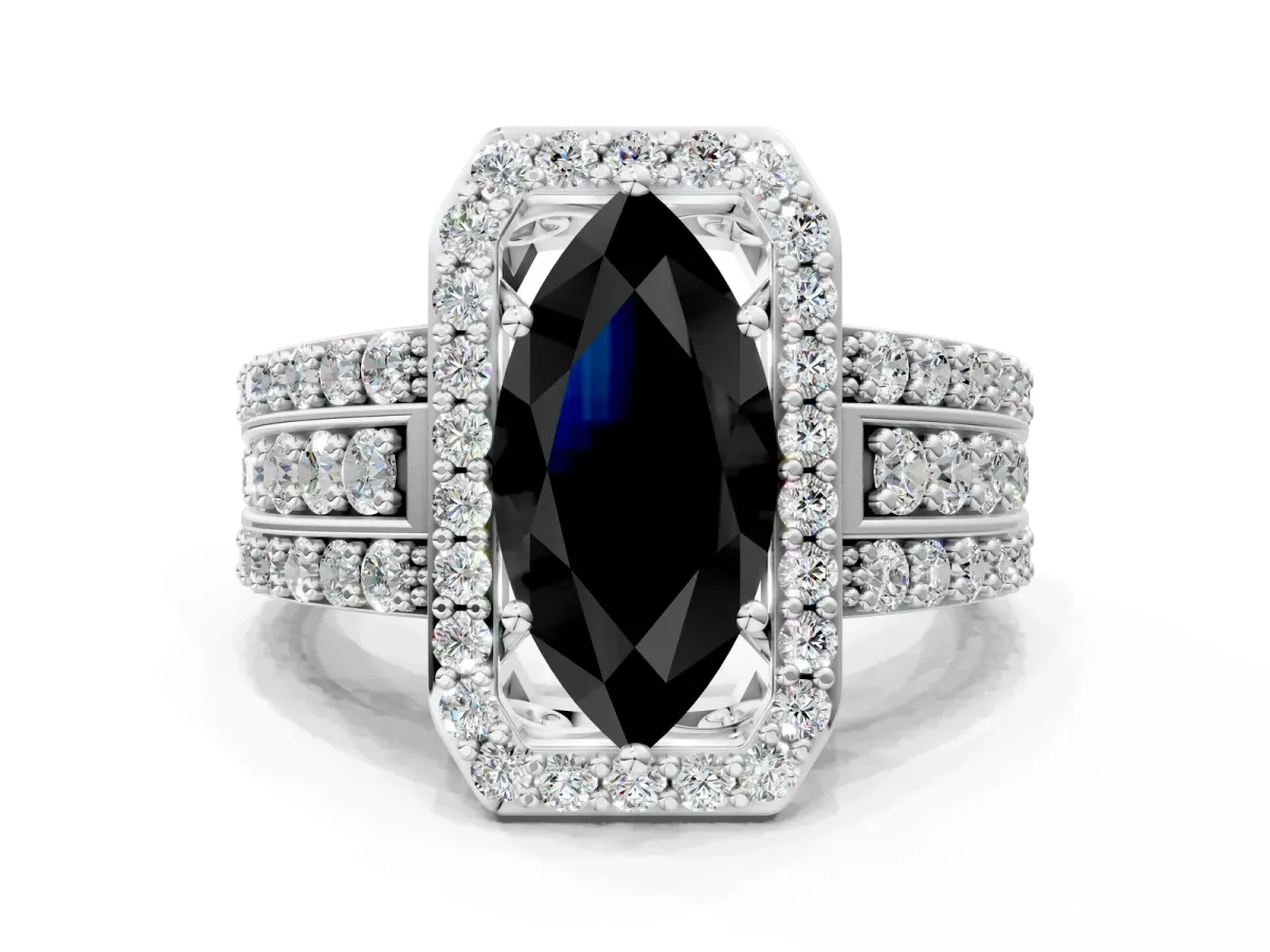 Fancy Black Marquise Cut Halo Diamond Ring with Round Split Shank and Prong Setting Silver