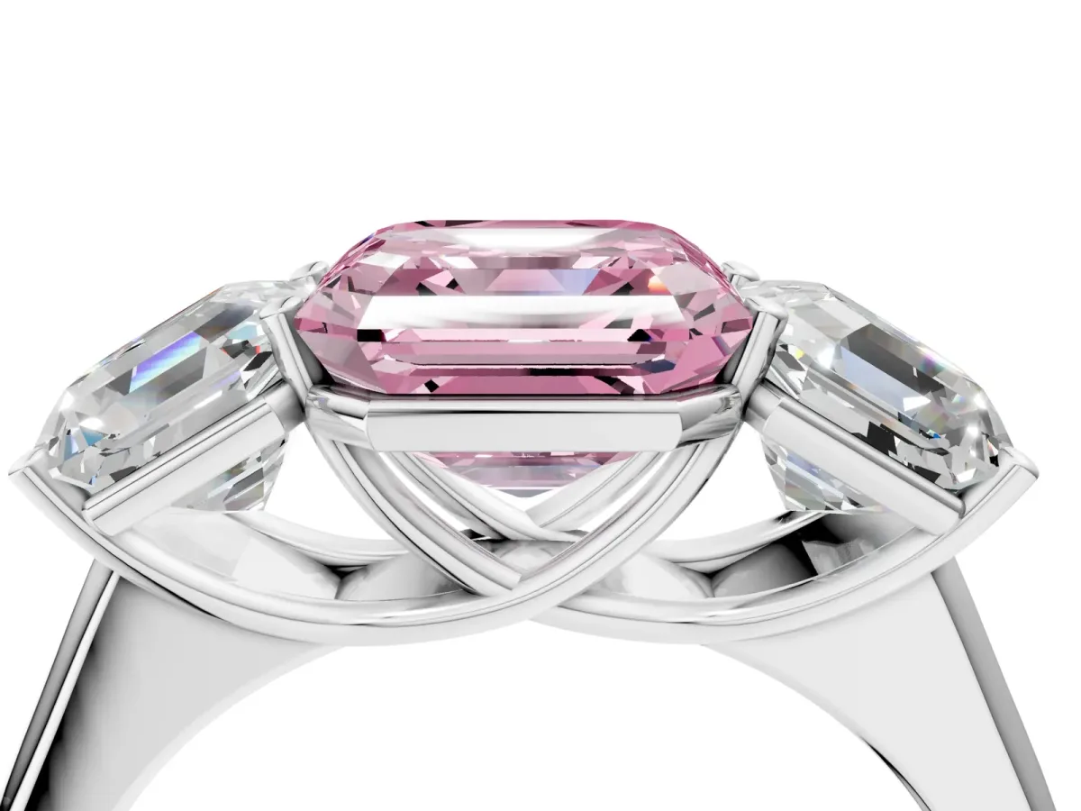 Fancy Pink Asscher Cut Three-Stone Diamond Ring with Prong Setting on a Classic Band Platinum