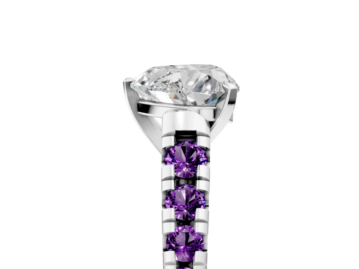 Heart Cut Diamond Cathedral Solitaire Ring with Round Amethyst Pavé Band Silver