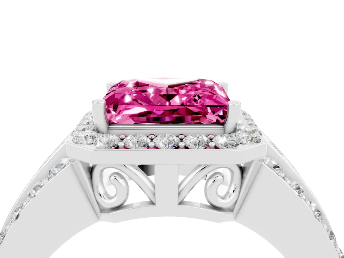 Princess Cut Halo Pink Sapphire Ring with Round Split Shank and Prong Setting Silver