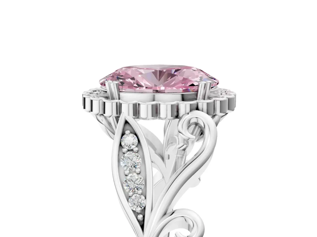 Fancy Pink Oval Cut Diamond Halo Ring with Vintage Split Shank and Four-Prong Setting Silver