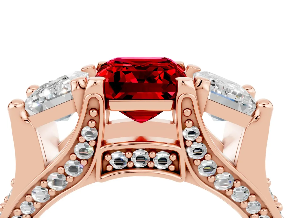 Emerald Cut Ruby Three-Stone Ring with Channel Set Band and Four-Prong Setting Rose gold
