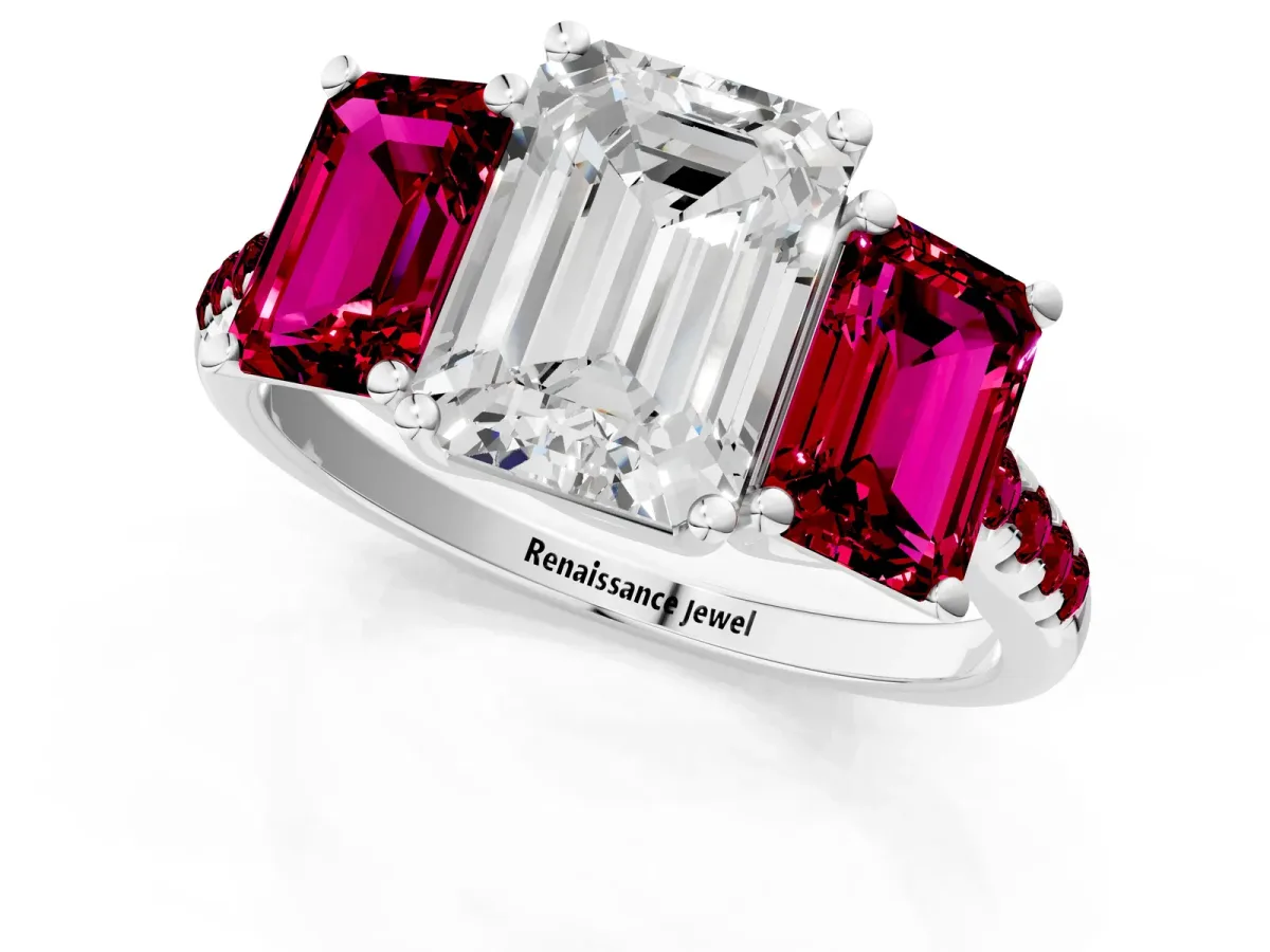 Three-Stone Emerald Cut Diamond Ring with Round Garnet Pavé Band and Prong Setting Platinum